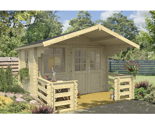 Gartenhaus Outdoor Life Lola inkl. Fußboden, Terrasse, Blumenkasten 340,4 x 470 cm natur Holzgartenhaus mit Veranda, Fenster und Doppeltür