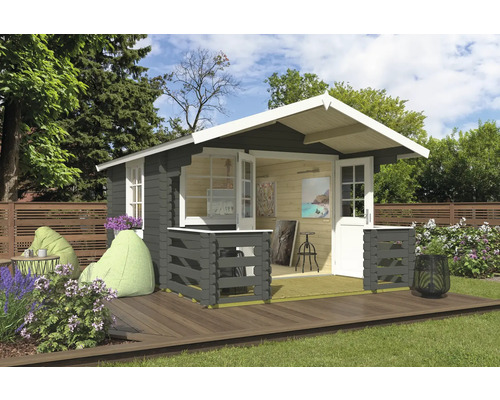 Gartenhaus Outdoor Life Lola inkl. Fußboden, Terrasse, Blumenkasten 340,4 x 470 cm graugrün Gartenhaus mit Terrasse, Fenstern und geöffneten Türen in einem Garten