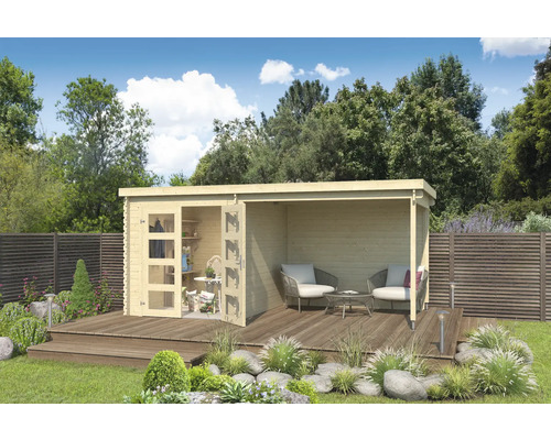 Abri de jardin en bois avec terrasse dans le jardin