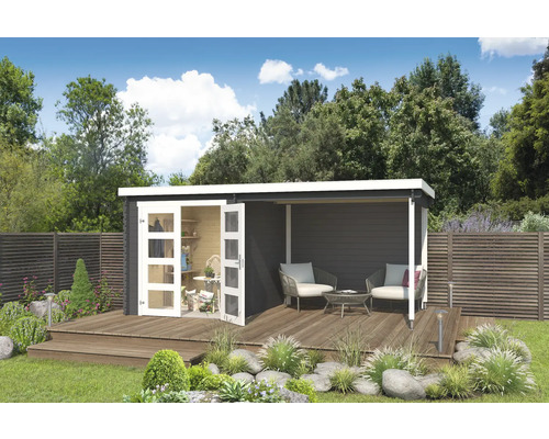 Gartenhaus Outdoor Life Long Beach inkl. Anbaudach mit Rückwand 492,2 x 254,9 cm carbongrau Gartenhaus mit Terrasse und Gartenmöbeln auf einer Rasenfläche