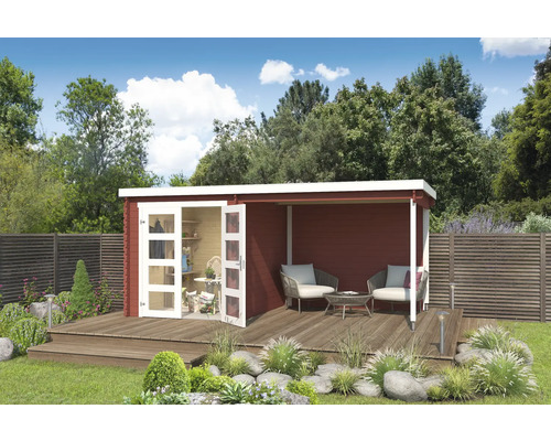 Gartenhaus Outdoor Life Long Beach inkl. Anbaudach mit Rückwand 492,2 x 254,9 cm schwedischrot Holzgartenhaus mit Terrasse, Gartenmöbeln und geöffneten Türen