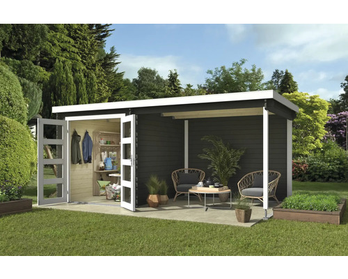Abri de jardin Outdoor Life Long Beach avec avancée de toit et paroi arrière 492,2 x 254,9 cm vert gris Abri de jardin avec portes ouvertes, terrasse et mobilier de jardin dans le jardin