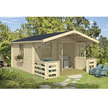 Holzgartenhaus mit Terrasse und schwarzem Dach