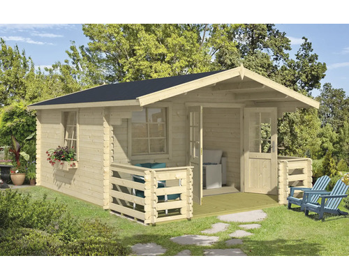 Gartenhaus Outdoor Life Luna 2 inkl. Fußboden, Terrasse, Blumenkasten 403,8 x 530 cm natur Holzgartenhaus mit Terrasse und schwarzem Dach