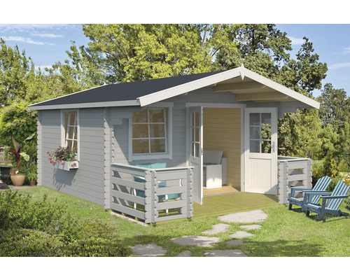 Gartenhaus Outdoor Life Luna 2 inkl. Fußboden, Terrasse, Blumenkasten 403,8 x 530 cm hellgrau Holzgartenhaus mit Terrasse, Fenster und Tür im Garten