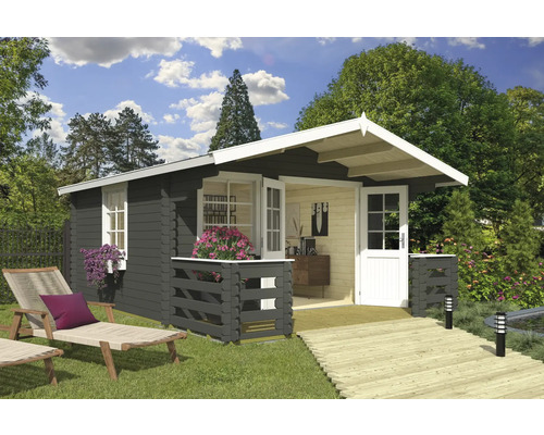 Abri de jardin Outdoor Life Luna 2 avec plancher, terrasse, jardinière 403,8 x 530 cm vert gris Maison de jardin en bois avec terrasse, mobilier de jardin et plantations dans un jardin verdoyant