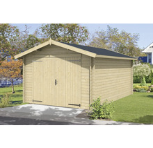 Holzgarage mit Doppeltür und Satteldach im Garten