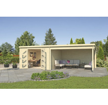 Gartenhaus mit geöffneten Türen, Büroeinrichtung und Lounge-Bereich im Freien