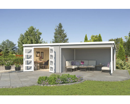 Gartenhaus Outdoor Life New Orleans inkl. Dachanbau mit Rückwand 730 x 359,1 cm hellgrau Gartenhaus mit Büro und Lounge-Bereich auf Terrasse