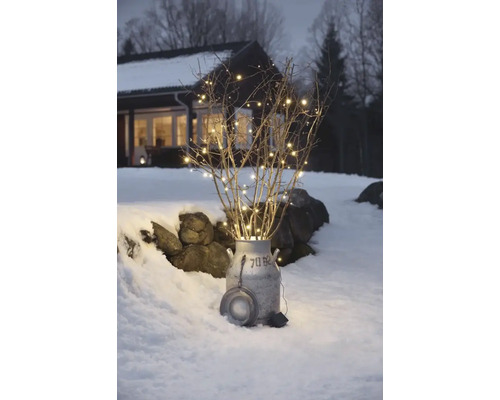 Branches décoratives avec guirlande lumineuse dans un pot à lait dans la neige