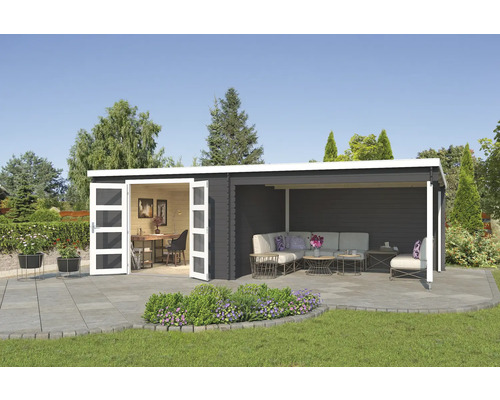 Abri de jardin Outdoor Life New Orleans avec avancée de toit et paroi arrière 730 x 359,1 cm gris carbone Abri de jardin avec bureau et espace lounge sur terrasse