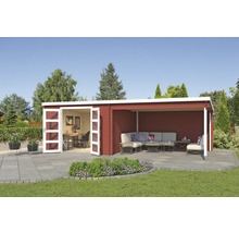 Holzgartenhaus mit Büro und Lounge Bereich im Außenbereich