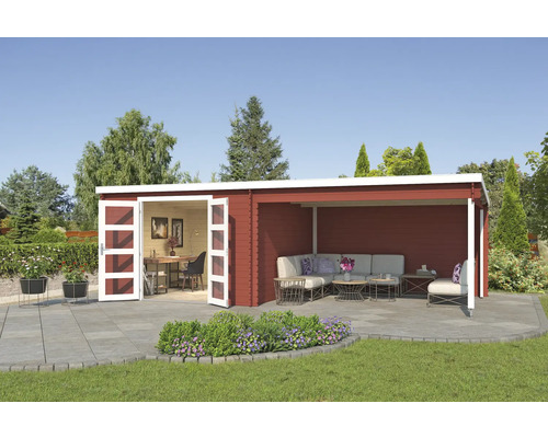 Abri de jardin Outdoor Life New Orleans avec avancée de toit et paroi arrière 730 x 359,1 cm rouge de falun Maison de jardin en bois avec bureau et espace lounge à l''extérieur