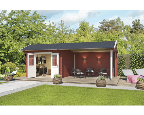 Abri de jardin Outdoor Life New York avec avancée de toit et paroi arrière 720 x 389,3 cm rouge de falun Maison de jardin en bois avec terrasse, mobilier de jardin et armoire à outils dans le jardin
