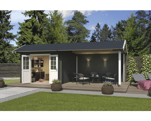 Abri de jardin Outdoor Life New York avec avancée de toit et paroi arrière 720 x 389,3 cm vert gris Abri de jardin avec terrasse couverte et portes doubles ouvertes