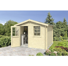 Abri de jardin en bois avec fenêtre et porte ouverte sur sol pavé