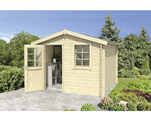 Abri de jardin Outdoor Life Nina 307,2 x 250 cm nature Abri de jardin en bois avec fenêtre et porte ouverte sur sol pavé