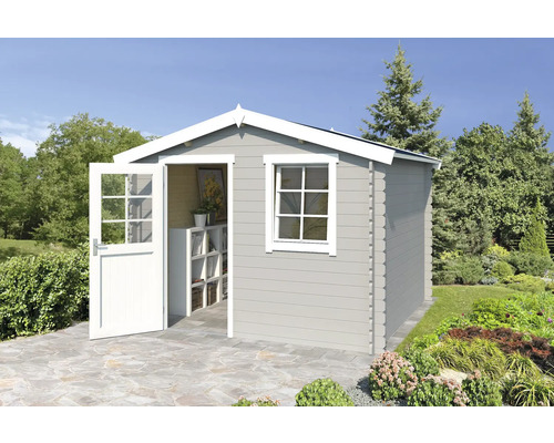 Gartenhaus Outdoor Life Nina 307,2 x 250 cm hellgrau Gartenhaus mit Fenster und geöffneter Tür im Garten