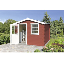 Gartenhaus aus Holz mit Fenster und geöffneter Tür im Garten