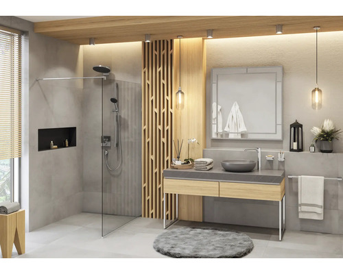 Modernes Badezimmer mit Dusche, Waschtisch und Spiegel