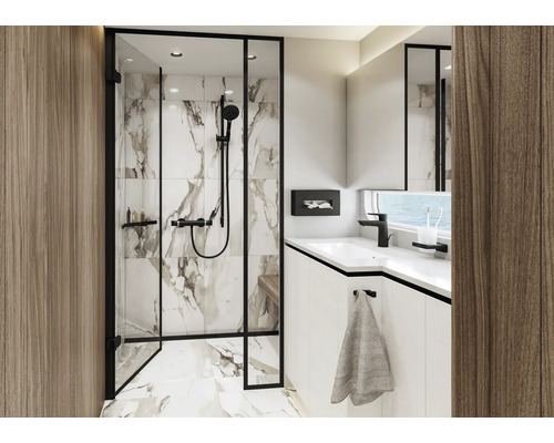 Modernes Badezimmer mit Dusche, Waschbecken und Holzelementen