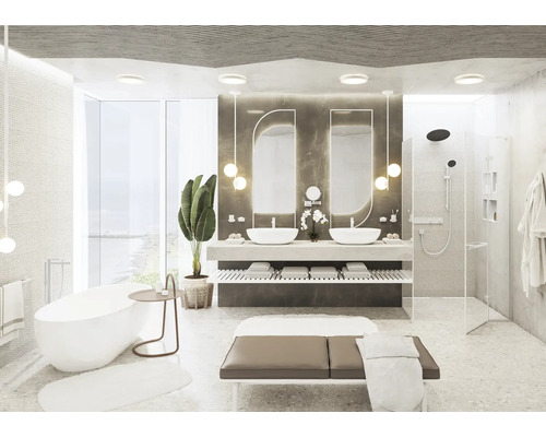 Badezimmer mit Doppelwaschbecken, Dusche, Badewanne und Sitzbank