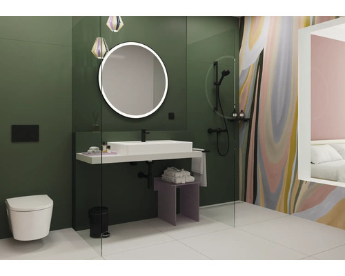 Salle de bain moderne avec lavabo, miroir et douche