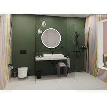 Badezimmer mit Waschbecken, Spiegel, Toilette und Dusche