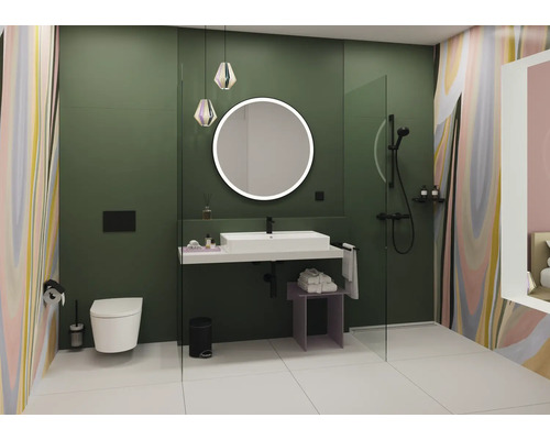Salle de bain avec lavabo, miroir, toilettes et douche