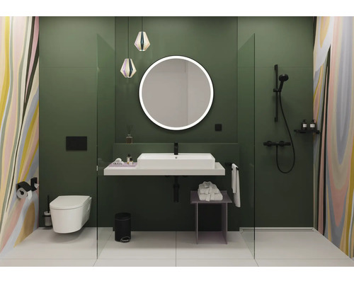 Salle de bain moderne avec douche, lavabo et miroir