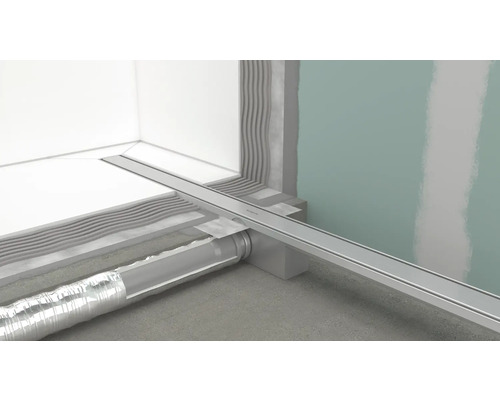 Douche plain-pied avec caniveau de douche en acier inoxydable et tuyau d''évacuation