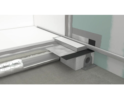 Badezimmerboden mit Duschrinne und Bodenablauf im Querschnitt.