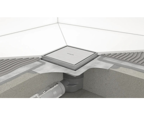 Logo Hansgrohe. Représentation d''un drain de douche dans la salle de bains avec les éléments d''installation correspondants.