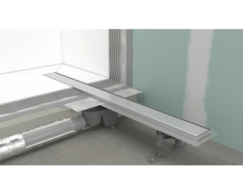 Caniveau de douche intégré en acier inoxydable avec pieds réglables et tuyau d''évacuation