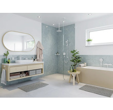 Salle de bains moderne avec douche, baignoire, meuble-lavabo et miroir