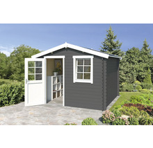 Graues Gartenhaus mit geöffneter Tür und Fenster im Garten.