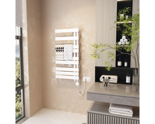Chauffe-serviettes Rotheigner SQUARE raccordement à droite 1000 x 500 mm 450 W blanc Salle de bain avec radiateur et serviettes sur le mur