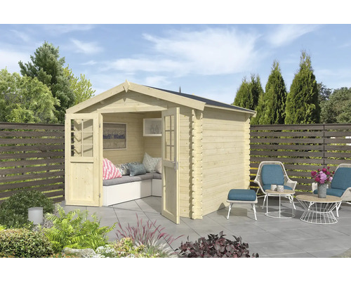Abri de jardin Outdoor Life Norah 307,2 x 250 cm nature Maison de jardin en bois avec coin salon et mobilier de jardin sur une terrasse