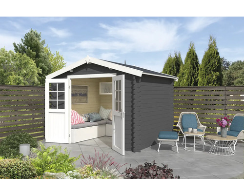 Gartenhaus Outdoor Life Norah 307,2 x 250 cm carbongrau Garten Szene mit einem Holz Gartenhaus, Sitzgelegenheiten und Bepflanzung