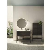 Salle de bains avec meuble sous-lavabo, armoire de toilette, vasque à poser et miroir rond avec éclairage