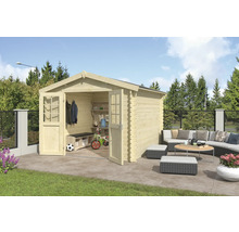 Scène de jardin avec abri de jardin, sièges et clôture de jardin