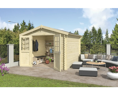 Abri de jardin Outdoor Life Norah 307,2 x 295 cm nature Scène de jardin avec abri de jardin, sièges et clôture de jardin