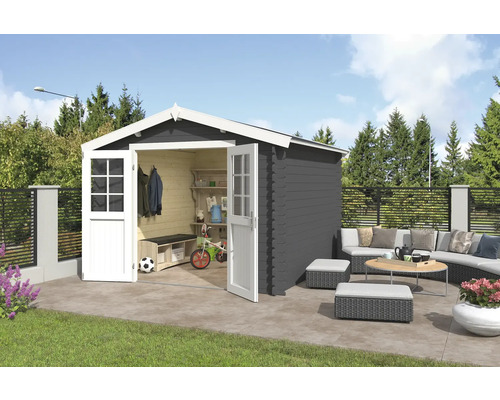 Gartenhaus Outdoor Life Norah 307,2 x 295 cm carbongrau Garten mit Holzgartenhaus, Sitzgelegenheit und Gartenzaun
