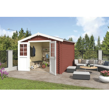 Garten Szene mit Gerätehaus, Sitzgruppe und Gartenzaun