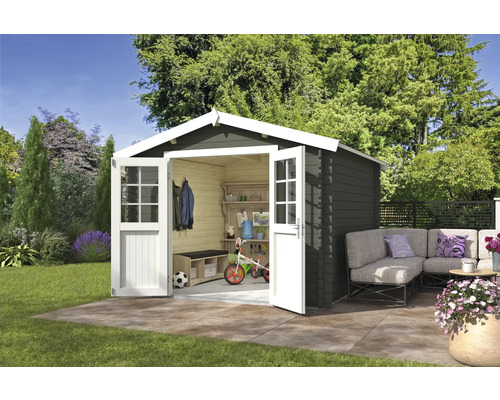 Gartenhaus Outdoor Life Norah 307,2 x 295 cm graugrün Garten mit Gerätehaus, Gartenmöbeln und Gartendekoration