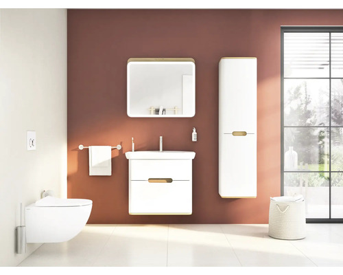 Modernes Badezimmer mit Toilette, Waschtisch, Spiegel und Schrank für ein helles und organisiertes Ambiente