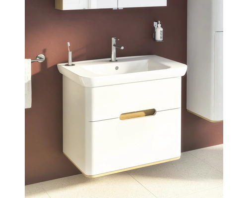 Waschtischunterschrank mit Waschbecken, Armatur und Schublade im Badezimmer