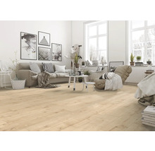 Heller Wohnraum mit Laminatboden, Sofa und Dekorationen