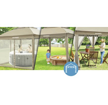 Tonnelle Marimex avec famille dans un jacuzzi, enfant dans un bac à sable et femme avec salon de jardin