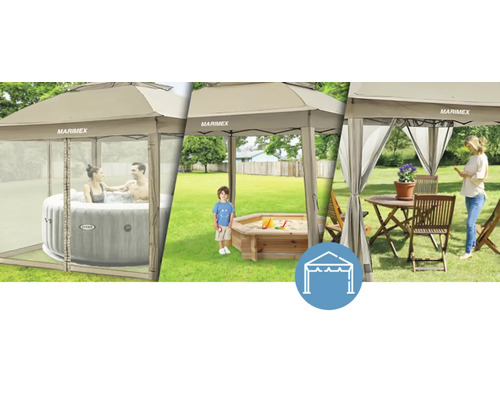 Tonnelle Marimex avec famille dans un jacuzzi, enfant dans un bac à sable et femme avec salon de jardin